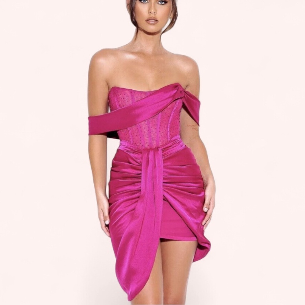 Miss Circle Fuchsia Darlene Crystal Corset Satin Cocktail Formal Dress NWT Sz S